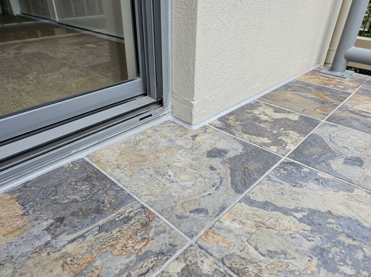 Tiled balcony perimeter joint and sliding door threshold