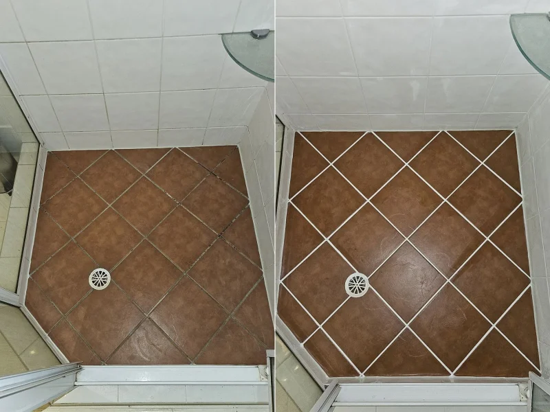 Brown tiled shower grout renewal before and after