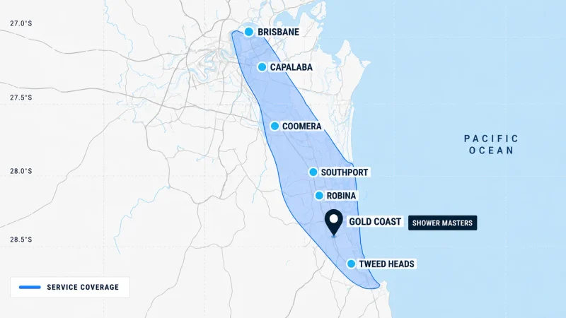 Shower Masters service coverage from Brisbane through the Gold Coast to Tweed Heads
