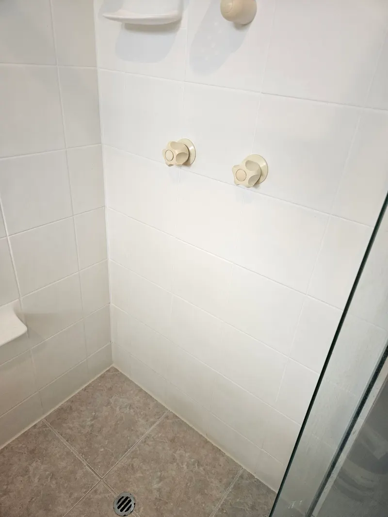 Shower fittings against a tiled wall